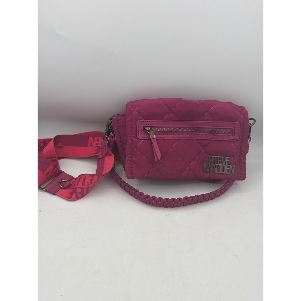Steve Madden Magenta Pink Quilted Nylon Crossbody Bag Puffer Logo Strap